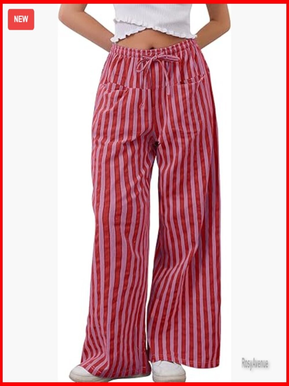 Cotton Wide Leg Lounge Pants with Pockets, Drawstring Waist, Striped Pattern